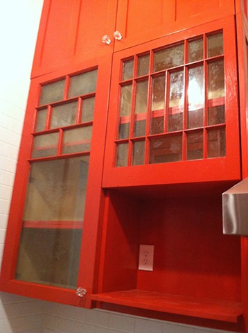 Red kitchen, upper cabinets