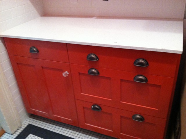 Red kitchen, lower cabinets