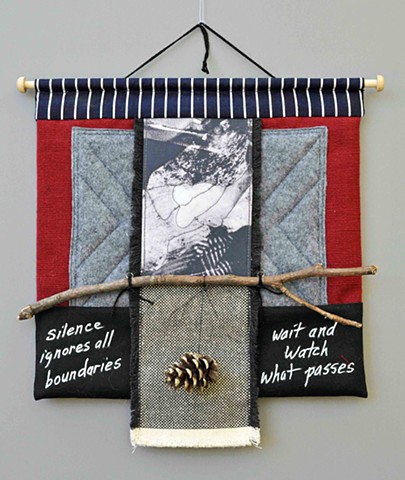 fiber art wall hanging 12" x 12" made with fabric, wood and thread influenced by Japanese aesthetics  by Rebecca Stuckey