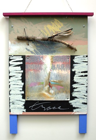 wood assemblage with oil pastel drawing, verbal notes, metal, tree branch segment by Rebecca Stuckey