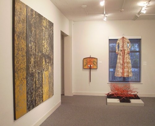 Installation View: In Memory of Joan (garment), Virtuous Heart (mixed media), A Doe (painting)