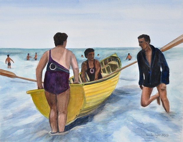 three men, Europe, rowboat, 1930s, ocean