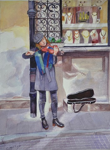 fiddler, Poland, Warsaw, woman, fiddling, street musician