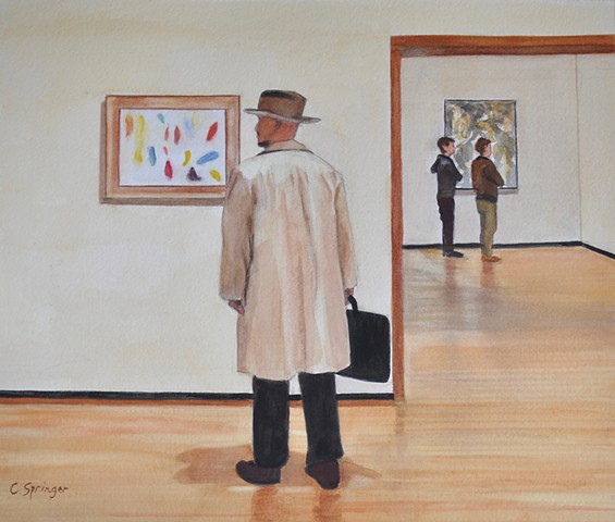 man, art museum, raincoat