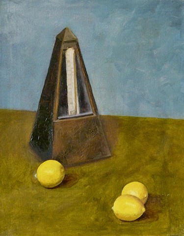 metronome, lemons, still life, oil painting