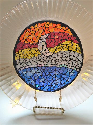 Waning Crescent Moon Stained Glass Mosaic Plate