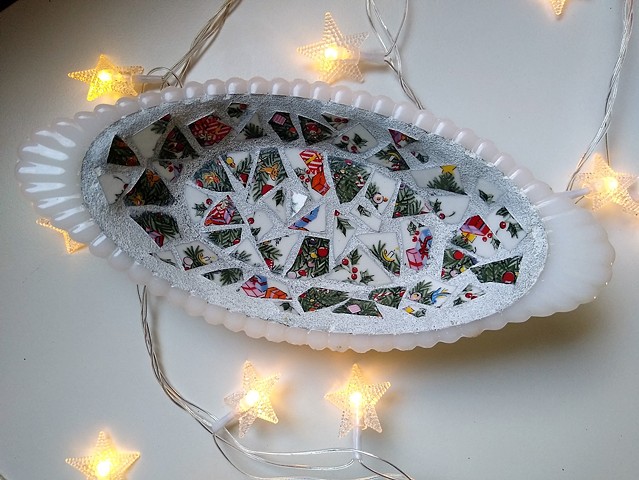 Holiday Mosaic Milk Glass Bowl – A Vintage Treasure with a Festive Twist