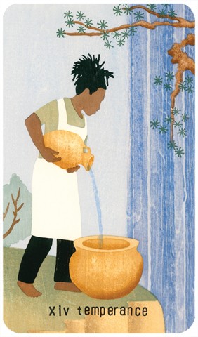 Temperance Tarot card: a woodblock print of a figure next to a waterfall pouring water from one vessel to another