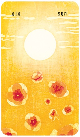 The Sun Tarot card: woodblock print of the sun in a yellow sky with flowers that seem to be falling from the sun's rays