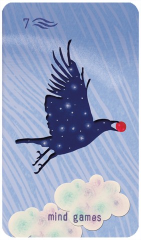 Seven of Swords: a crow carries a red jewel in its beak