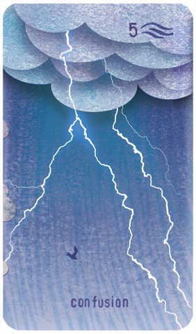 Five of Swords: a bird flies through a lightning storm