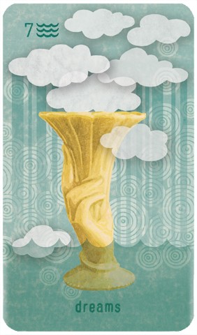 Seven of Cups: clouds emerge from and surround a ceramic hand vase 