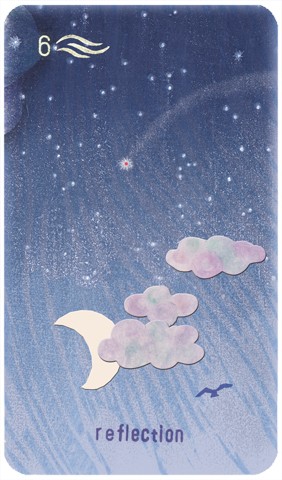 Six of Swords: a bird flies through a tranquil night sky