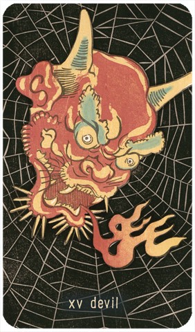 The Devil Tarot card: woodblock print of a Japanese style fire-breathing demon with a spider's web in the background