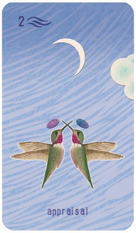Two of Swords: two hummingbirds hover with beaks crossed under a crescent moon