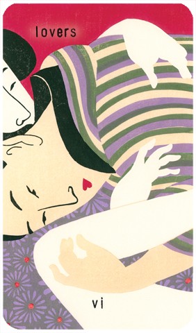 The Lovers Tarot card: woodblock print of two lovers in an embrace, based on shunga print by Utamaro