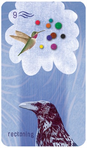 Nine of Swords: a crow sits below a cloud and appears to be thinking about the hummingbird.