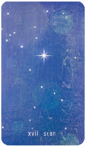 The Star Tarot card: woodblock print of a bright star in a midnight blue sky