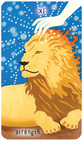 Strength Tarot card: woodblock print of a lion lying on the ground, a human hand poised over its head and energy lines emanating from that point of contact