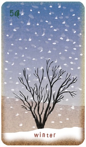 Five of Pentacles: snow falls on a leafless bush