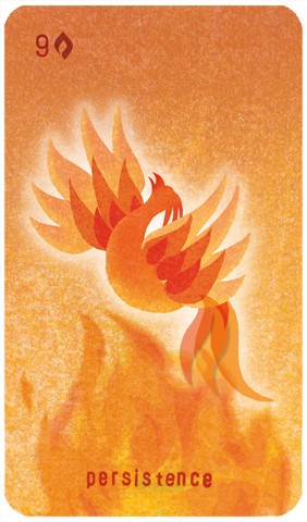 Nine of Wands: a phoenix rises from flames
