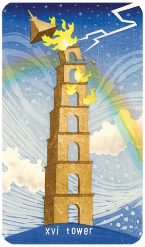 The Tower Tarot card: woodblock print of a tall structure being hit by a lightning bolt wind flames and a rainbow