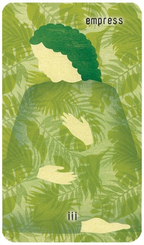 The Empress Tarot card: woodblock print of a seated woman with dense foliage around and inside her has her hands resting on her heart and her abdomen