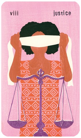 Justice Tarot card: woodblock print of a woman of color holding a blindfold over her eyes, with scale of justice in foreground