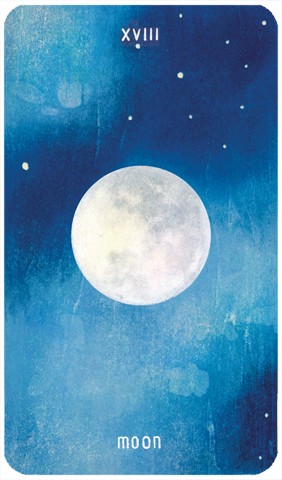 The Moon Tarot card: woodblock print of the moon in a misty night sky