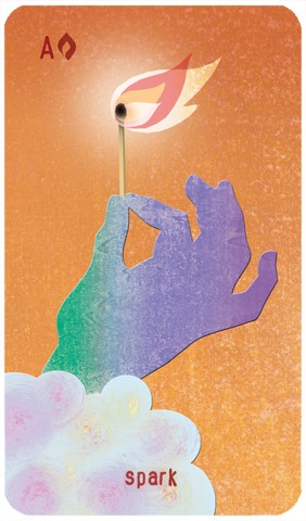 Ace of Wands: a hand holding a lit match emerges from a cloud