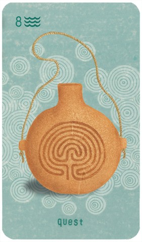 Eight of Cups: woodblock print of a ceramic canteen with a labyrinth etched on its surface