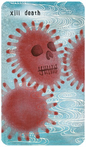 Death Tarot card: woodblock print of several red shapes that look like germs, one has a skull on it, with vapors rising
