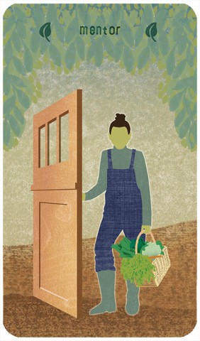 Queen of Pentacles: a figure holding a basket of produce holds a door open