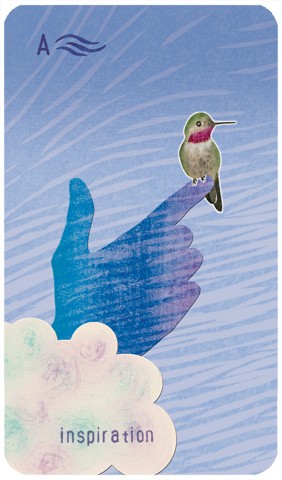 Ace of Swords: a hummingbird sits on the finger of a hand emerging from a cloud
