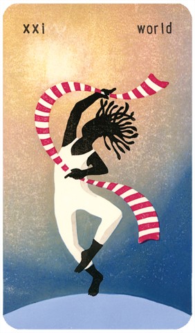 The World Tarot card: woodblock print of an ecstatic dancing figure