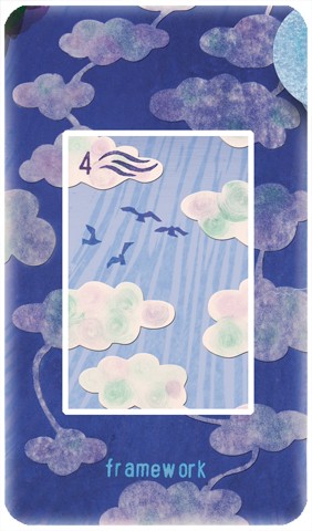 Four of Swords: four birds fly in a small area of sky that is highlighted and enclosed
