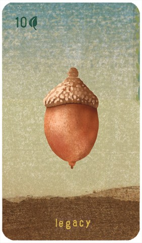 Ten of Pentacles: a large acorn suspended above the earth