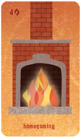 Four of Wands: a fire in a fireplace hearth