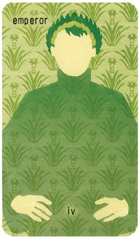 The Emperor Tarot card: woodblock print of a man wearing a leafy crown and surrounded by manicured plants has hands on hips