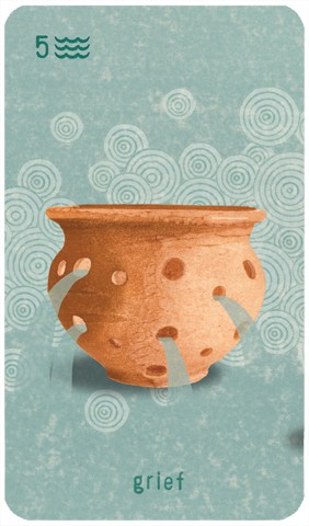 Five of Cups: water pours out of a ceramic pot with holes in it
