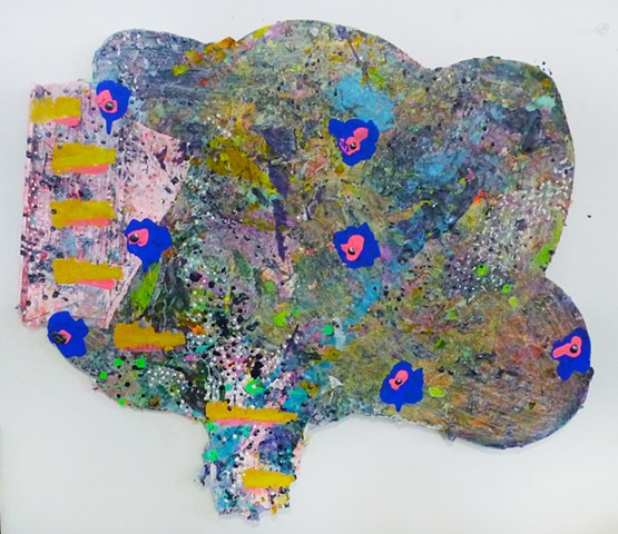 acrylic on paper eccentric shaped painitng with collage