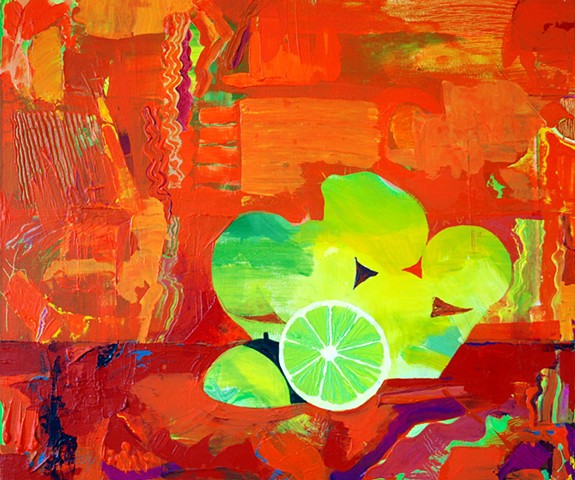 Brightly colored painting of limes on an abstract orange background