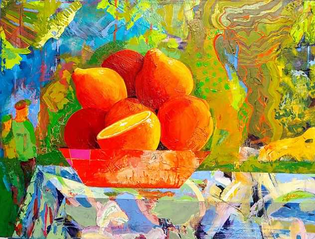 Acrylic Painting of plump tangerines on a brightly colored picnic table by artist Kim Coker