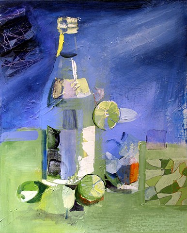 Abstract technique and brilliant blues and greens highlight this still life painting of seltzer