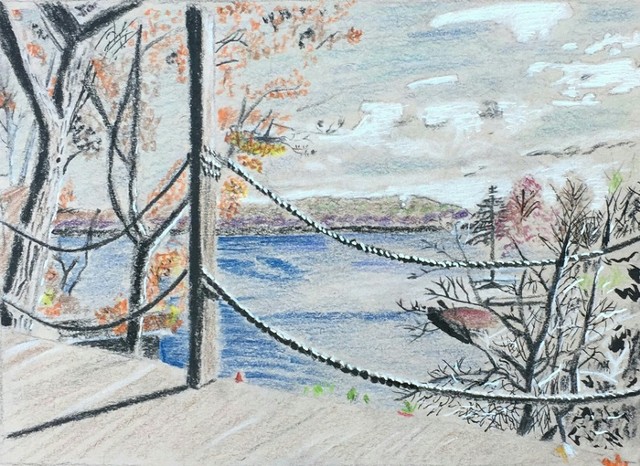 Study in pencils, charcoal and ink for a painting of the view from the Artist's home in Lake Hopatcong, New Jersey