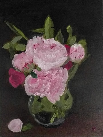 Still life of peonies and roses in a round glass vase