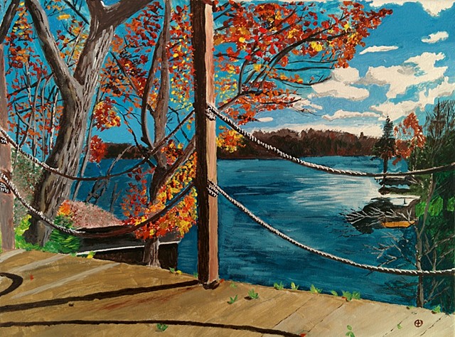 Acrylic on canvas landscape painting of Autumn view of Lake Hopatcong as seen from the Artist's home.