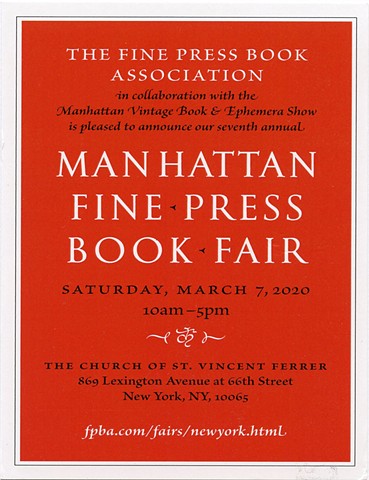 Manhattan Fine Press Book Fair, Saturday, March 7, 2020