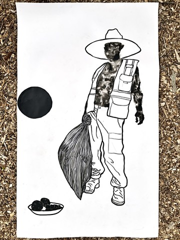 man with garbage, grapefruit, and black dot