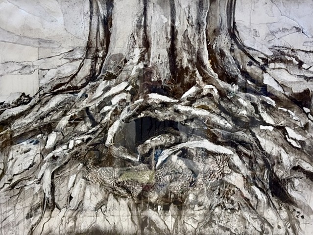 Charcoal and mixed media drawing on embossed paper